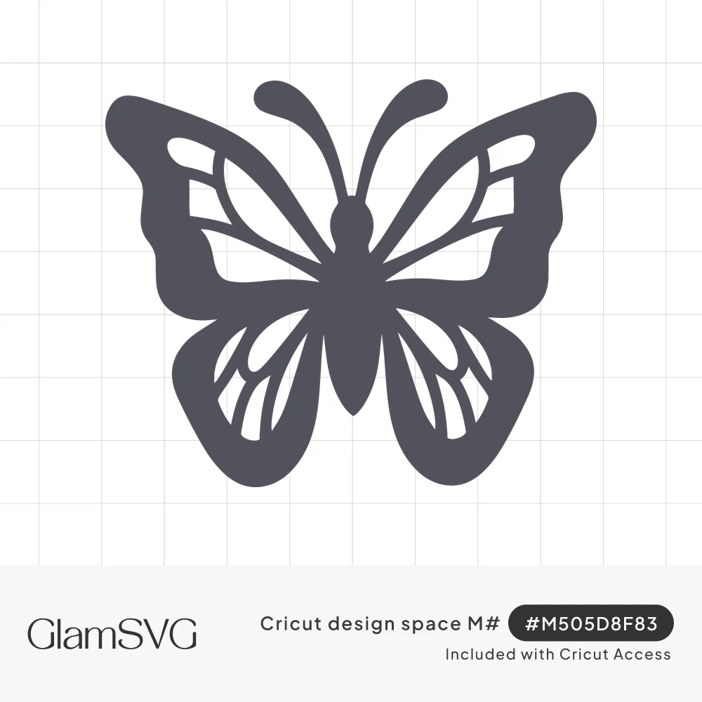 Dark gray butterfly silhouette with open wings, cut-out wing panel details, slim body and curled antennae