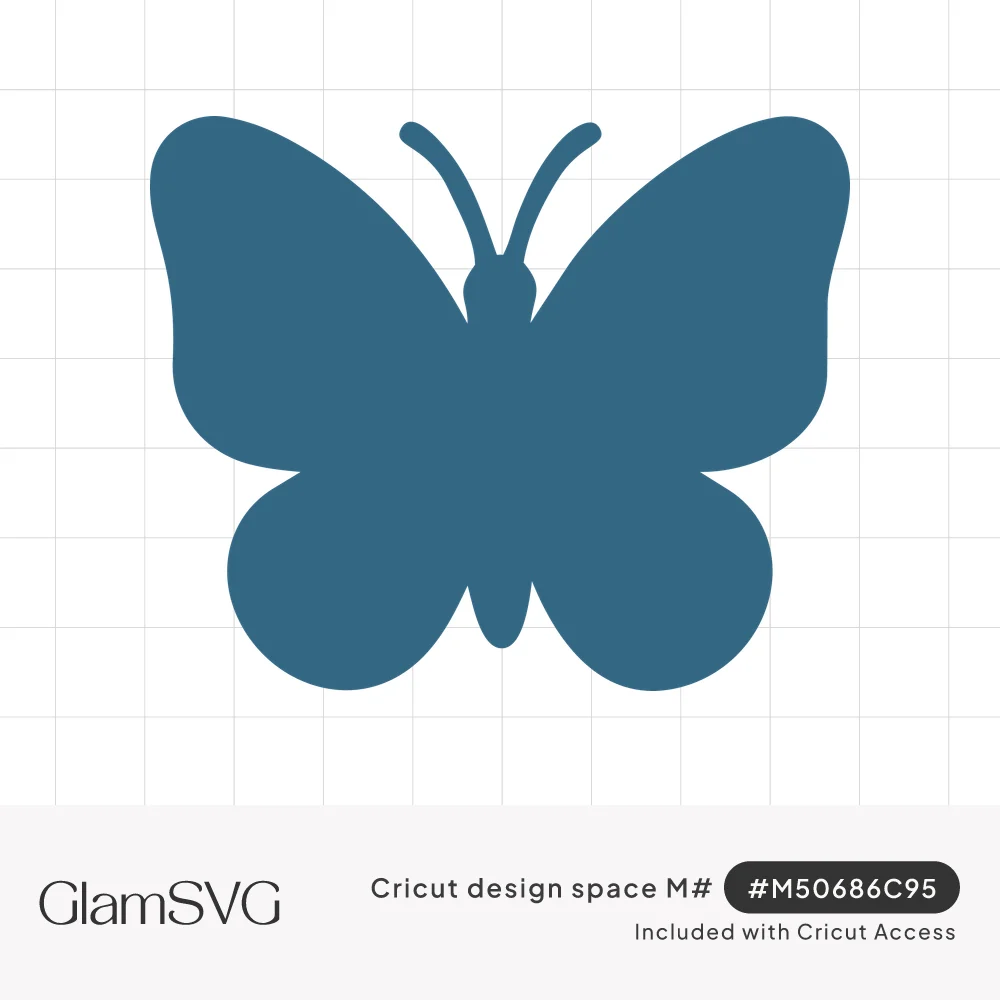 Solid blue butterfly silhouette with rounded open wings and two curled antennae on a white background