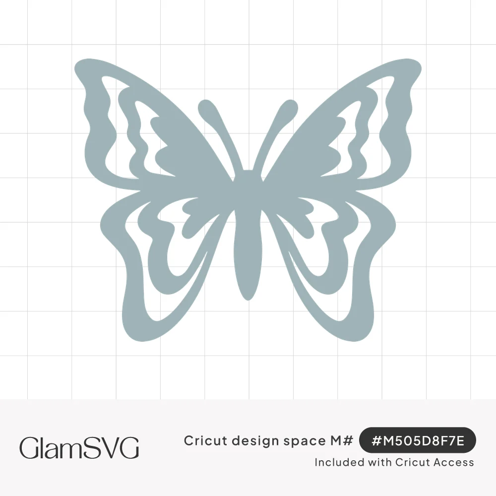 Solid gray-blue butterfly silhouette with wavy cutout patterns in its wings and curled antennae