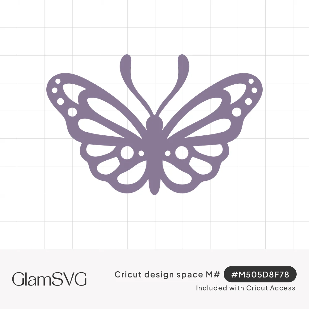 Purple butterfly silhouette with open cutout wing panels, small dot accents and curved antennae
