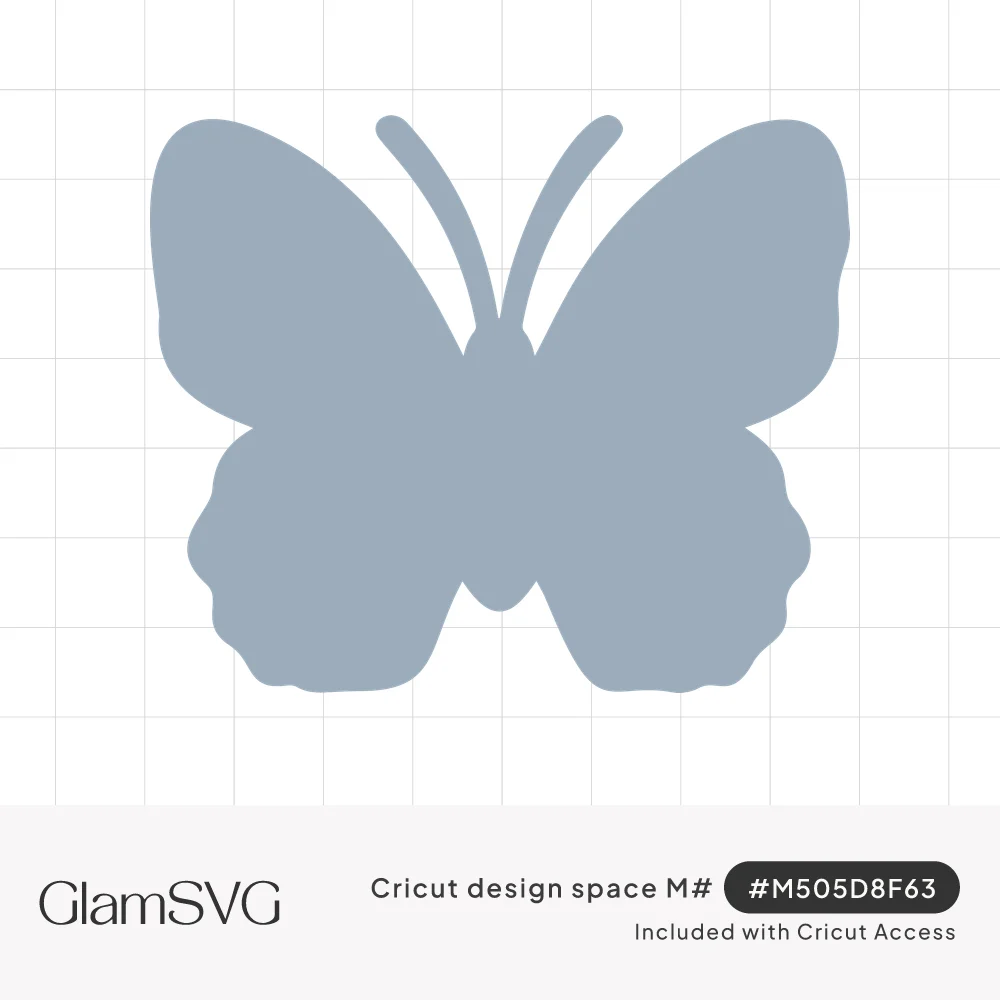 Solid gray butterfly silhouette with open rounded wings, scalloped lower wings and two curved antennae