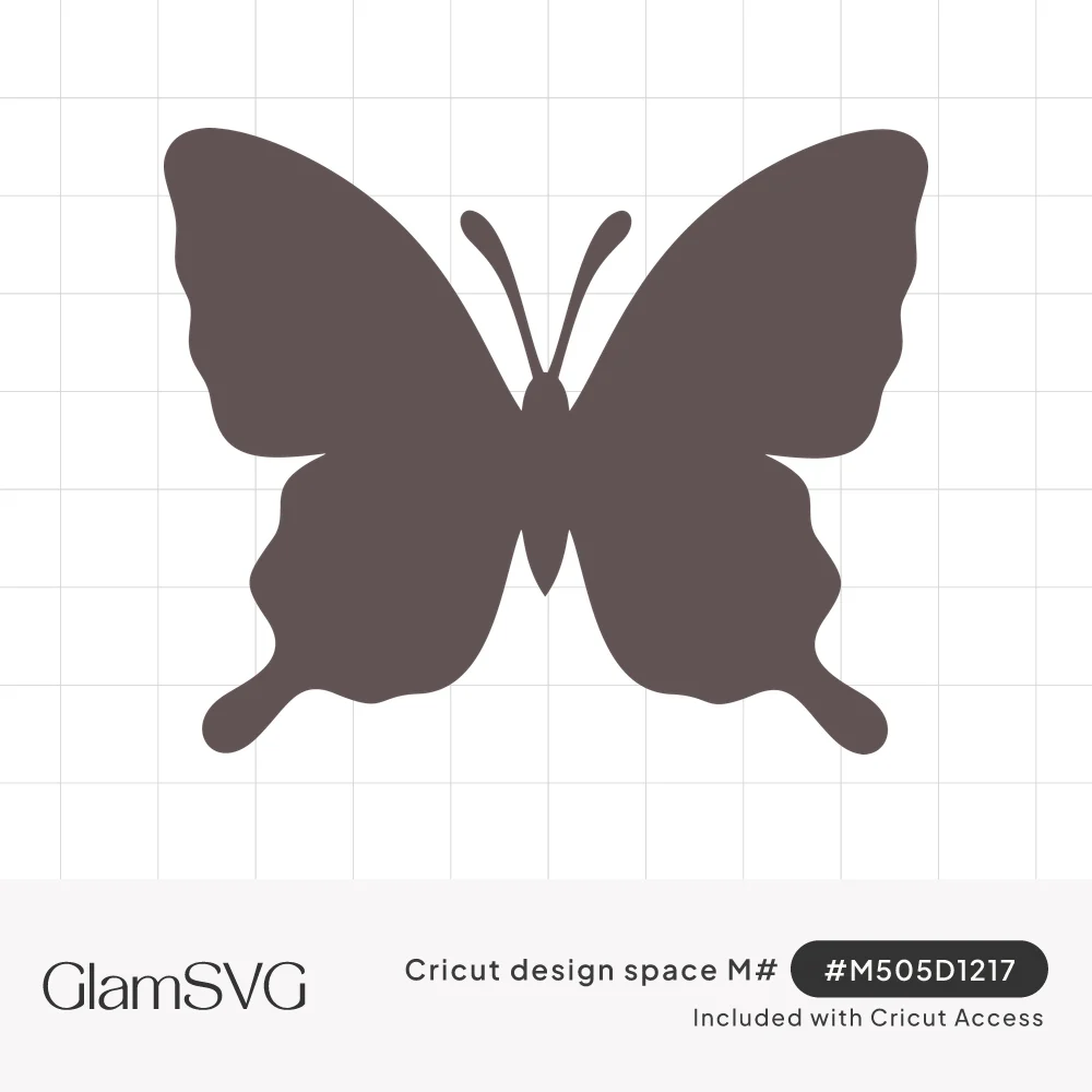 Solid dark taupe butterfly silhouette with scalloped swallowtail wings and two curled antennae