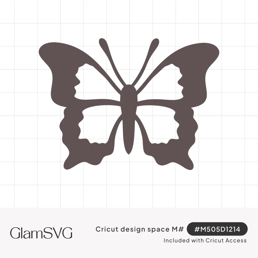 Solid dark butterfly silhouette with wings spread and scalloped open cutouts in each wing, plus two curled antennae