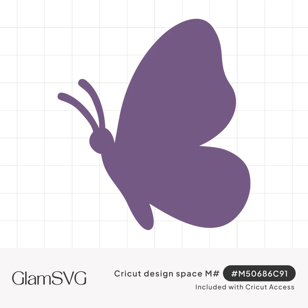 Solid purple butterfly silhouette shown in side profile with rounded wings and two curled antennae