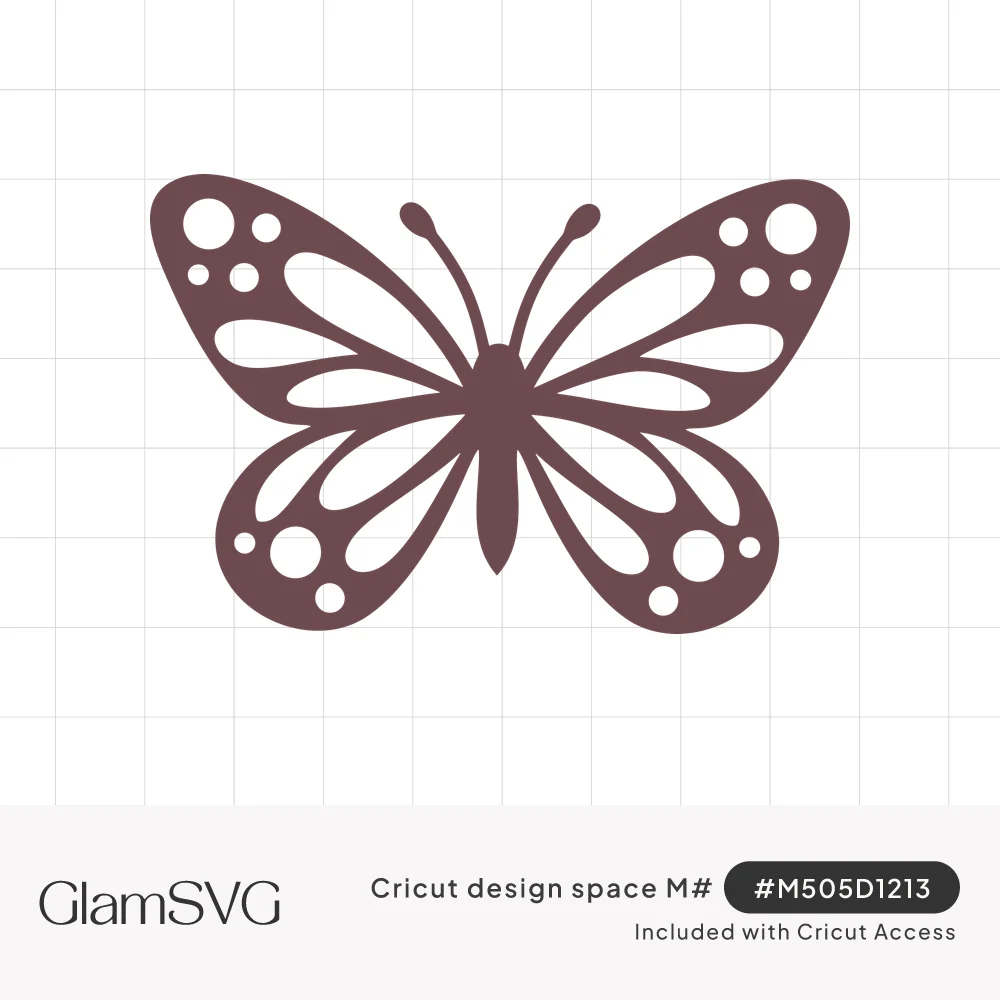 Symmetrical butterfly silhouette in mauve with teardrop and circle cutouts on the wings and curled antennae