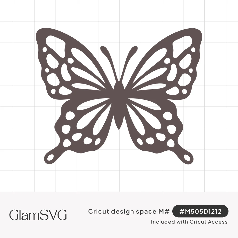 Dark gray swallowtail butterfly silhouette with oval and teardrop cutouts in the wings, thin antennae and long tails