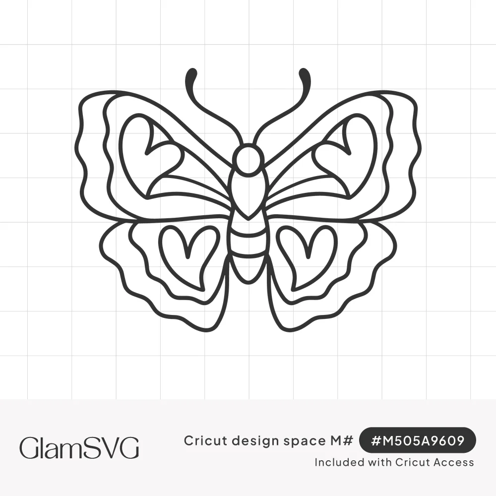 Black outline drawing of a symmetrical butterfly with wavy layered wings, heart shapes in each wing and curled antennae