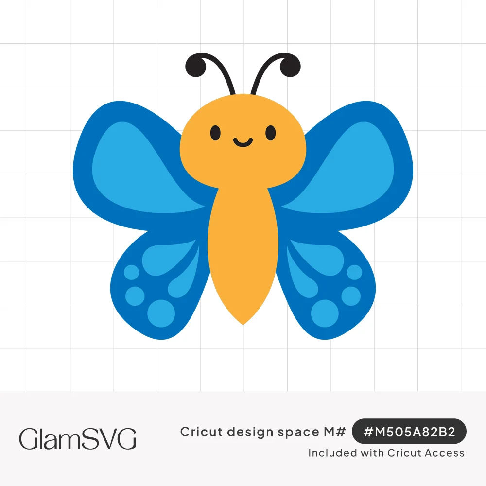 Cartoon butterfly with a smiling orange face and body, black curly antennae, and bright blue spotted wings