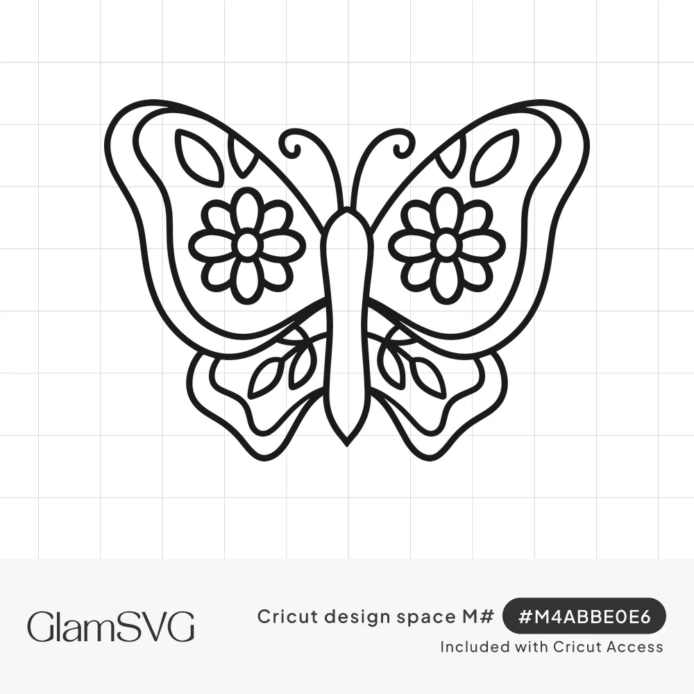Black outline butterfly with a flower on each upper wing, leaf shapes inside the wings and curled antennae