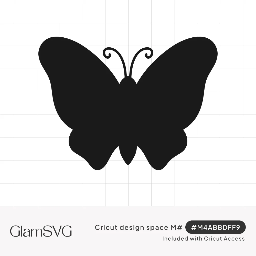 Solid black butterfly silhouette with rounded wings and two curled antennae on a white background