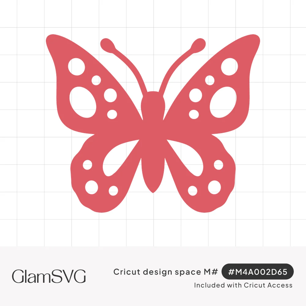 Pink butterfly silhouette with round and oval cutouts on its wings and curled antennae