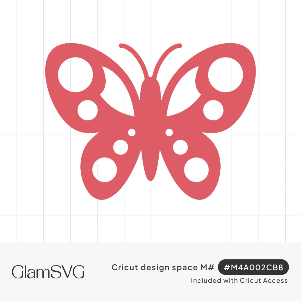 Coral pink butterfly silhouette with circular polka dot cutouts on its wings and two curled antennae