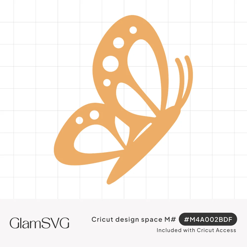 Orange silhouette of a butterfly in side view with open cutout wings, round dot details and curled antennae
