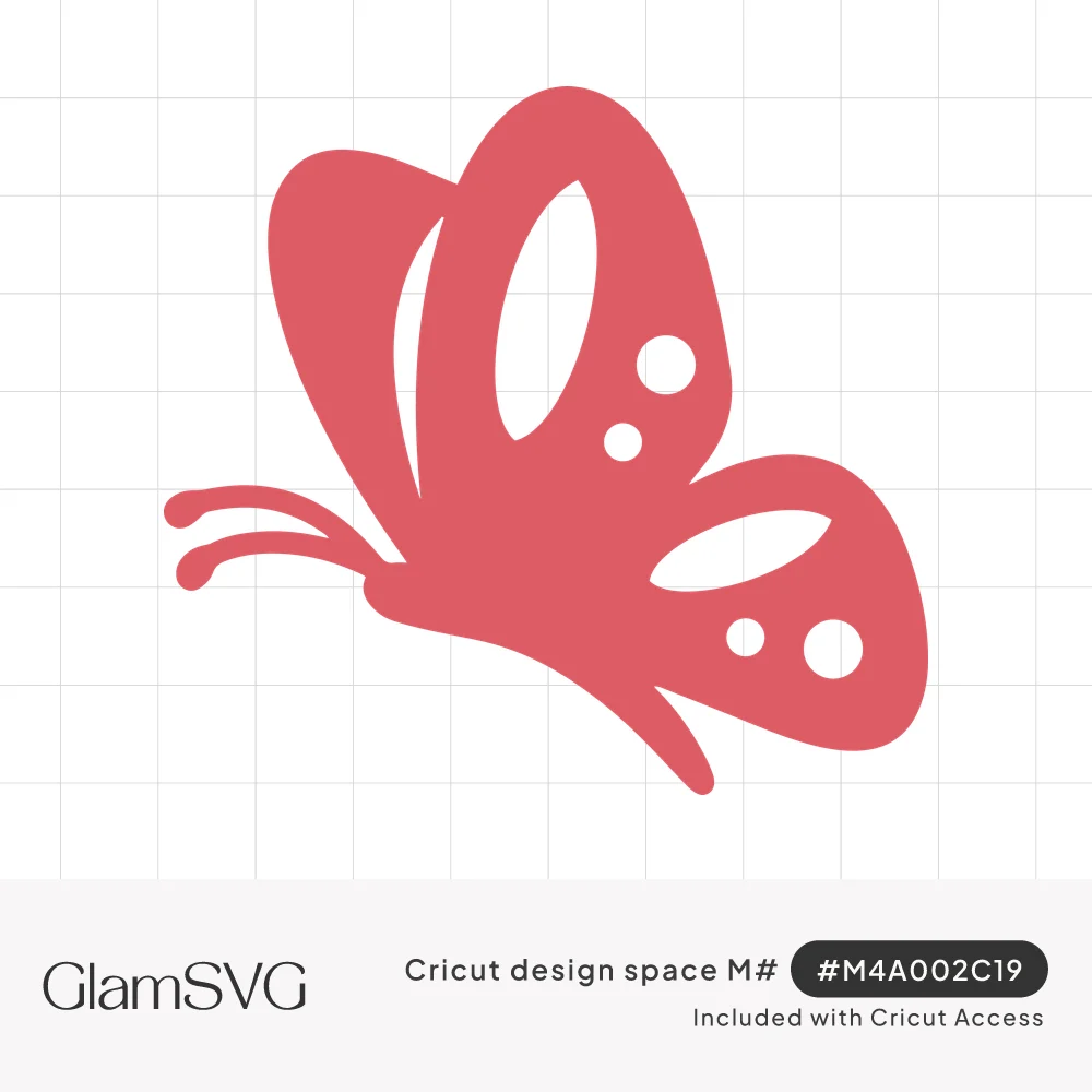 Solid pink butterfly silhouette in side view with curled antennae and oval and dot cutouts in its rounded wings