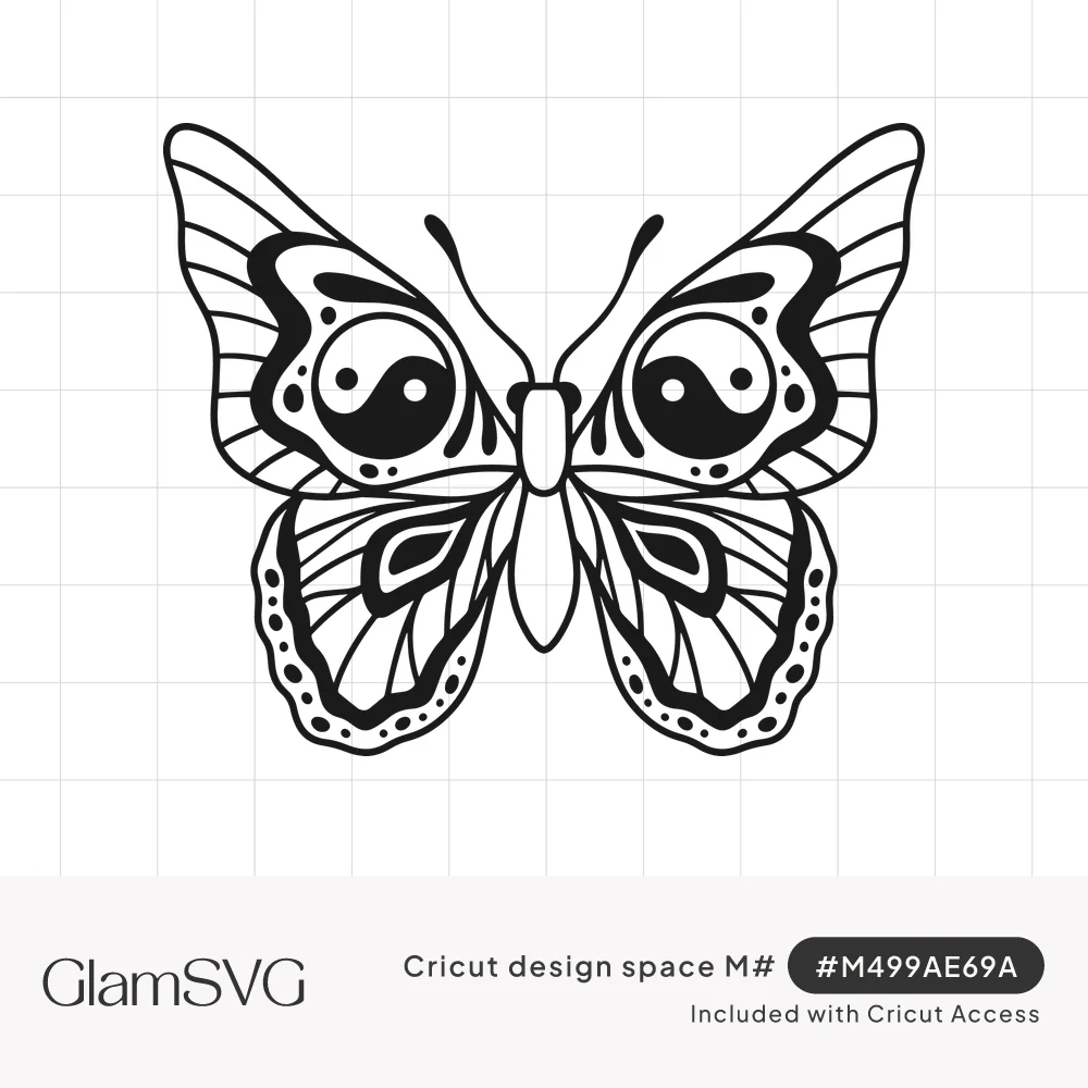 Black line art butterfly with spread wings featuring yin yang symbols, dotted borders and detailed vein patterns