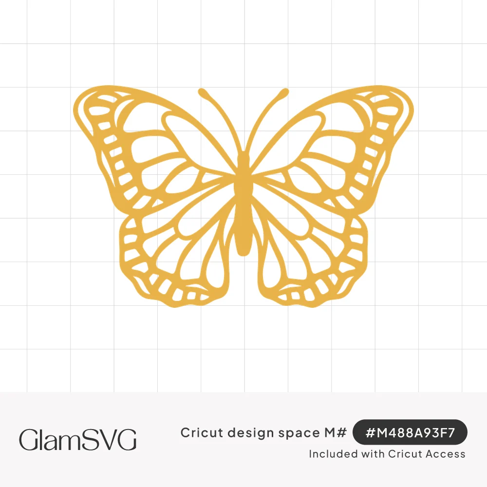 Gold monarch butterfly silhouette with open lace-like cutout wing veins and spotted scalloped wing edges