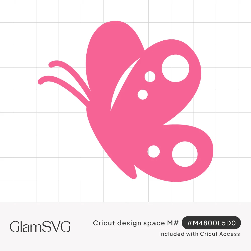 Pink butterfly silhouette in side view with round polka dot cutouts on its wings and two curled antennae