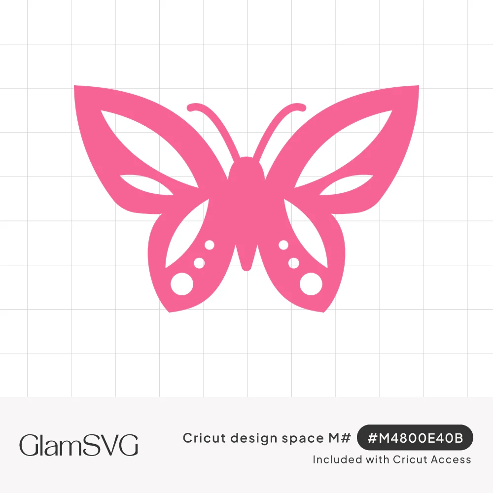 Pink butterfly silhouette with open wings, teardrop-shaped cutouts, small dot details and curled antennae