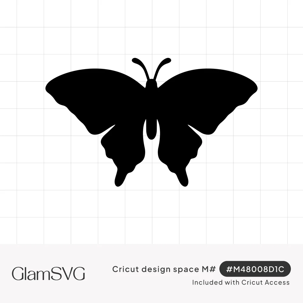 Solid black silhouette of a swallowtail butterfly with wide scalloped wings and curled antennae on a white background