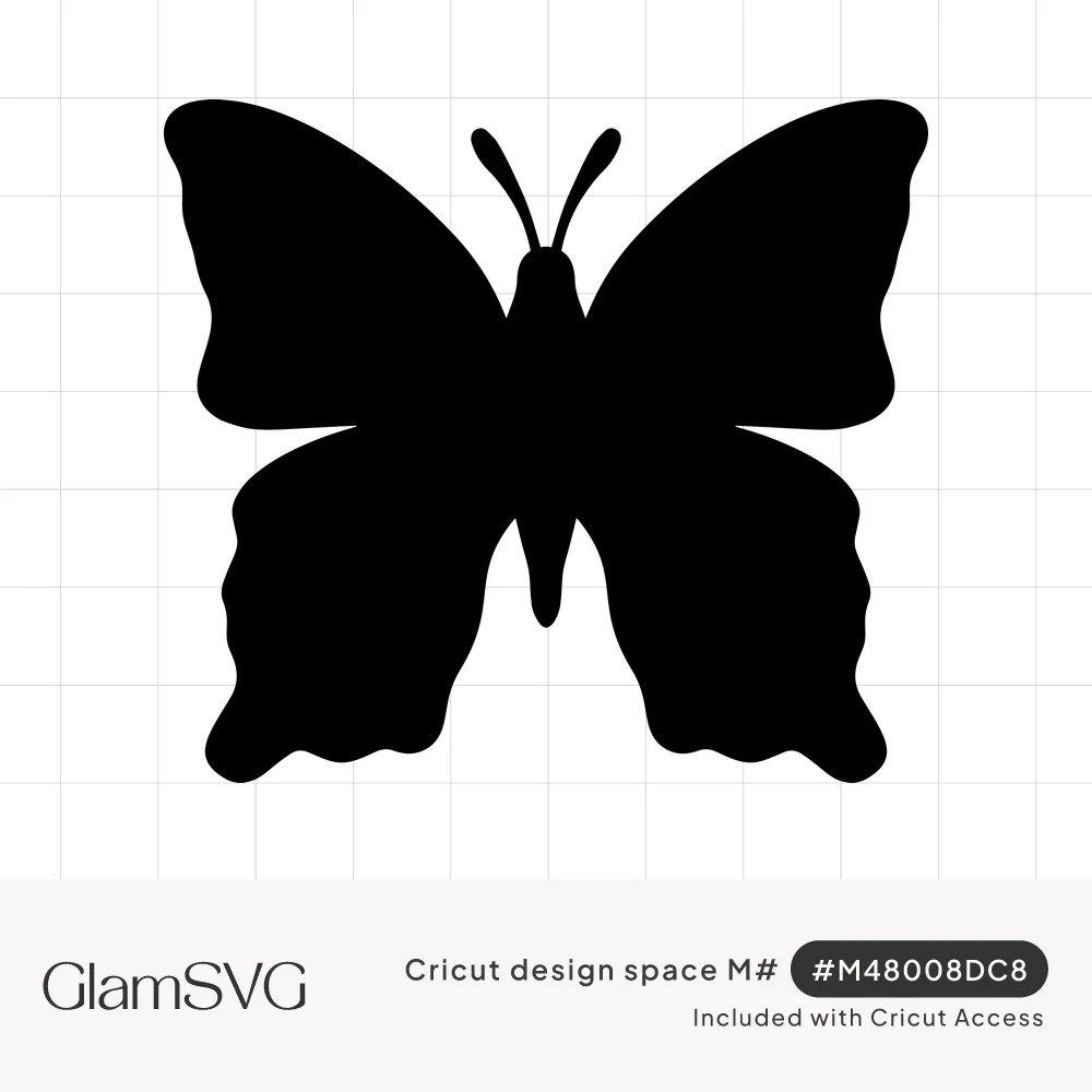 Solid black butterfly silhouette with open wings, scalloped lower wing edges, slender body and two antennae