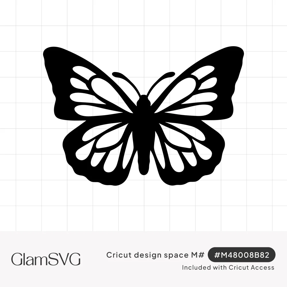 Black butterfly silhouette with open wings and white cutout wing panels, body and curled antennae