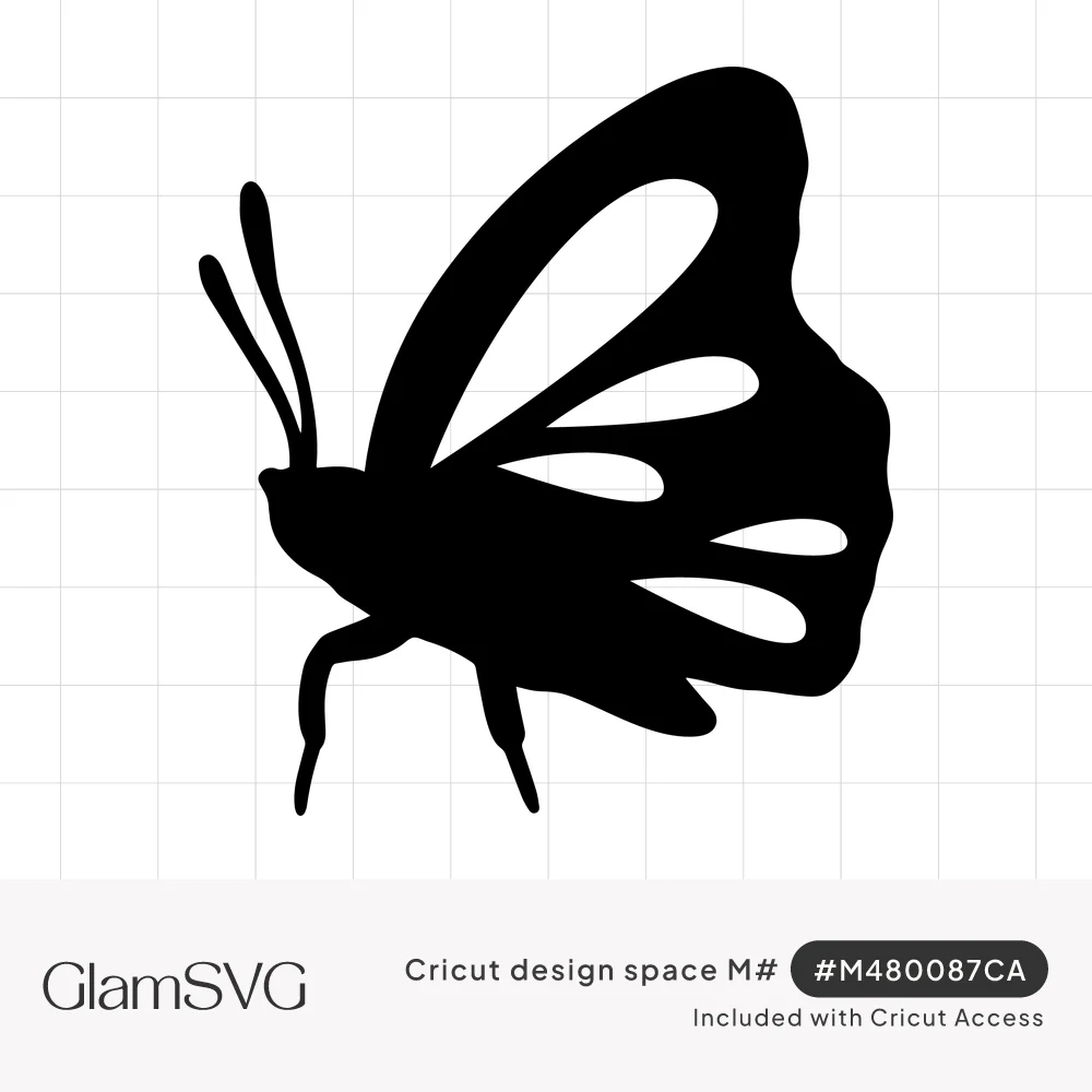 Black silhouette of a butterfly in side profile with raised wings, teardrop cutouts, antennae and legs