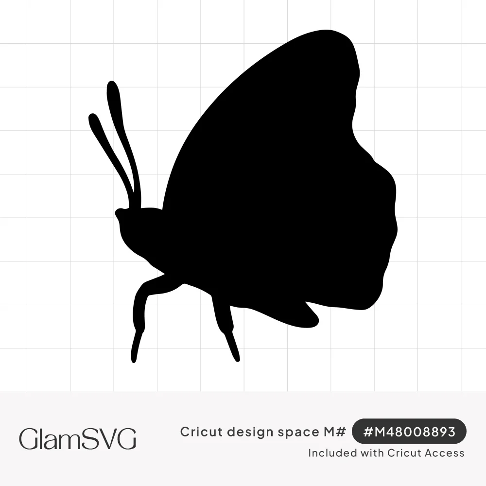 Black silhouette of a butterfly in side view with wings folded up, two antennae and thin legs