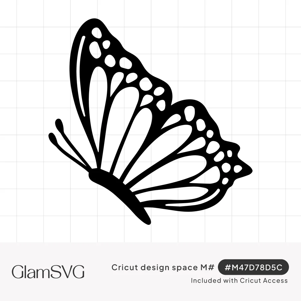 Black silhouette of a monarch butterfly in side view with open wing panels, dotted wing edges and curled antennae