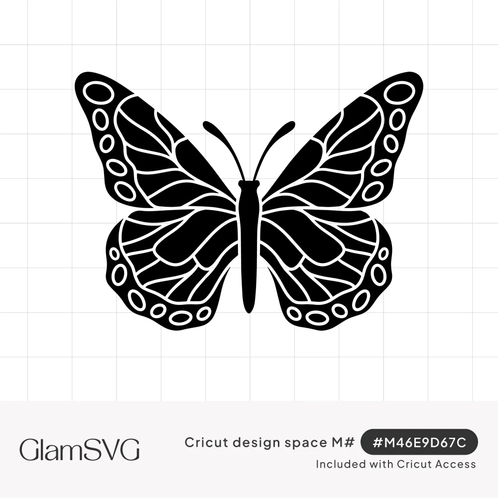Black monarch butterfly silhouette with white vein lines and oval spots along the wing edges, wings spread open