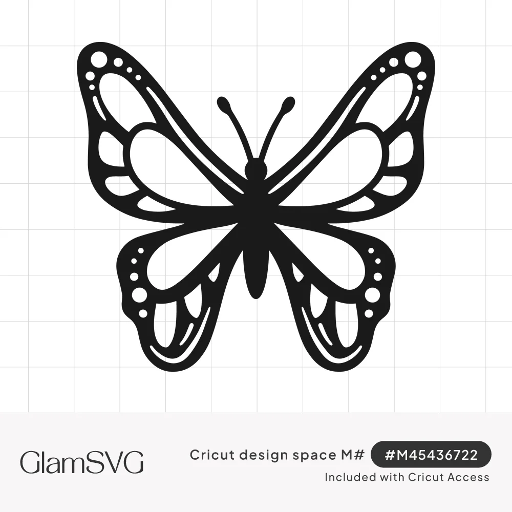 Black symmetrical butterfly silhouette with open wing cutouts, dotted wing edges, and curled antennae on white