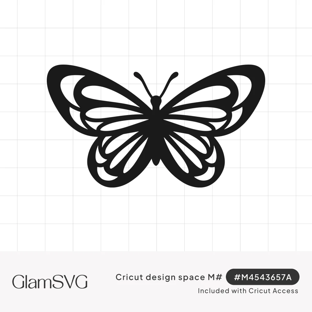 Black butterfly silhouette with open wings featuring layered curved cutouts and curled antennae