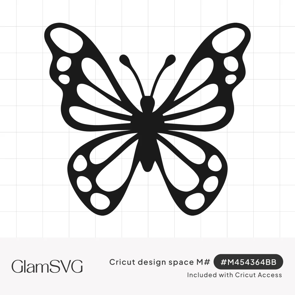 Black butterfly silhouette with open cutout wing panels, dotted wing edges and curled antennae on a white background