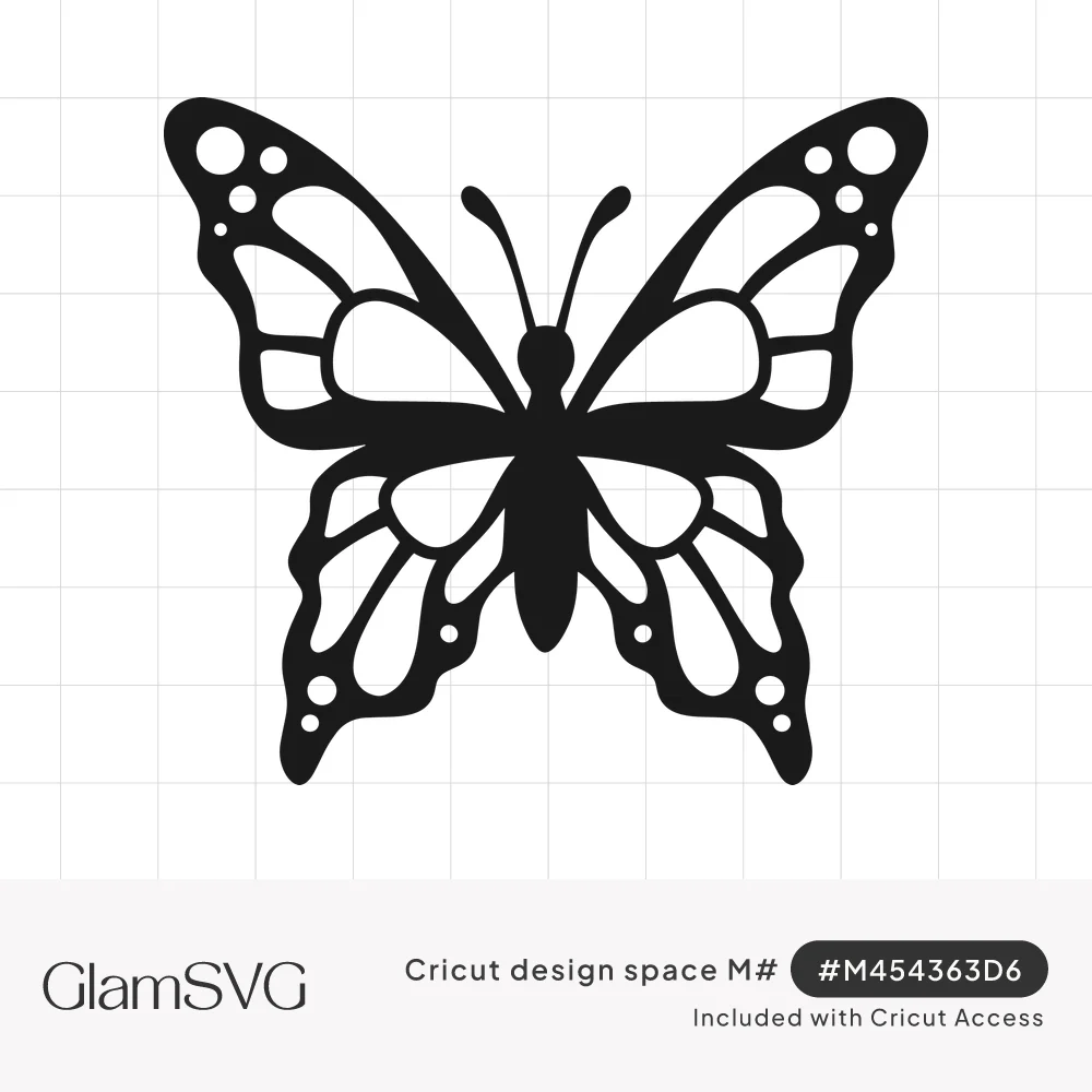 Black butterfly silhouette with symmetrical open cutout wing panels, dotted wing edges, slender body and curled antennae