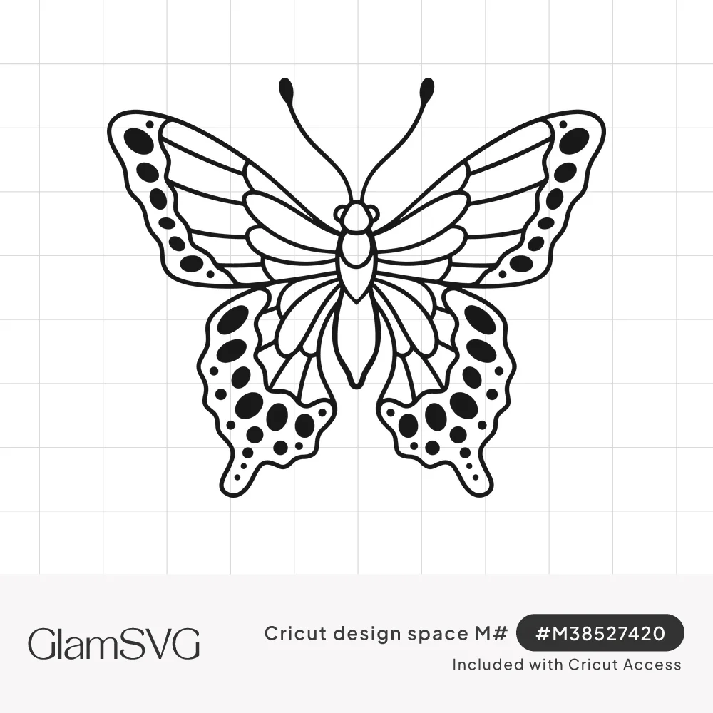 Black line art swallowtail butterfly with spotted wing edges, veined wings, segmented body and curled antennae