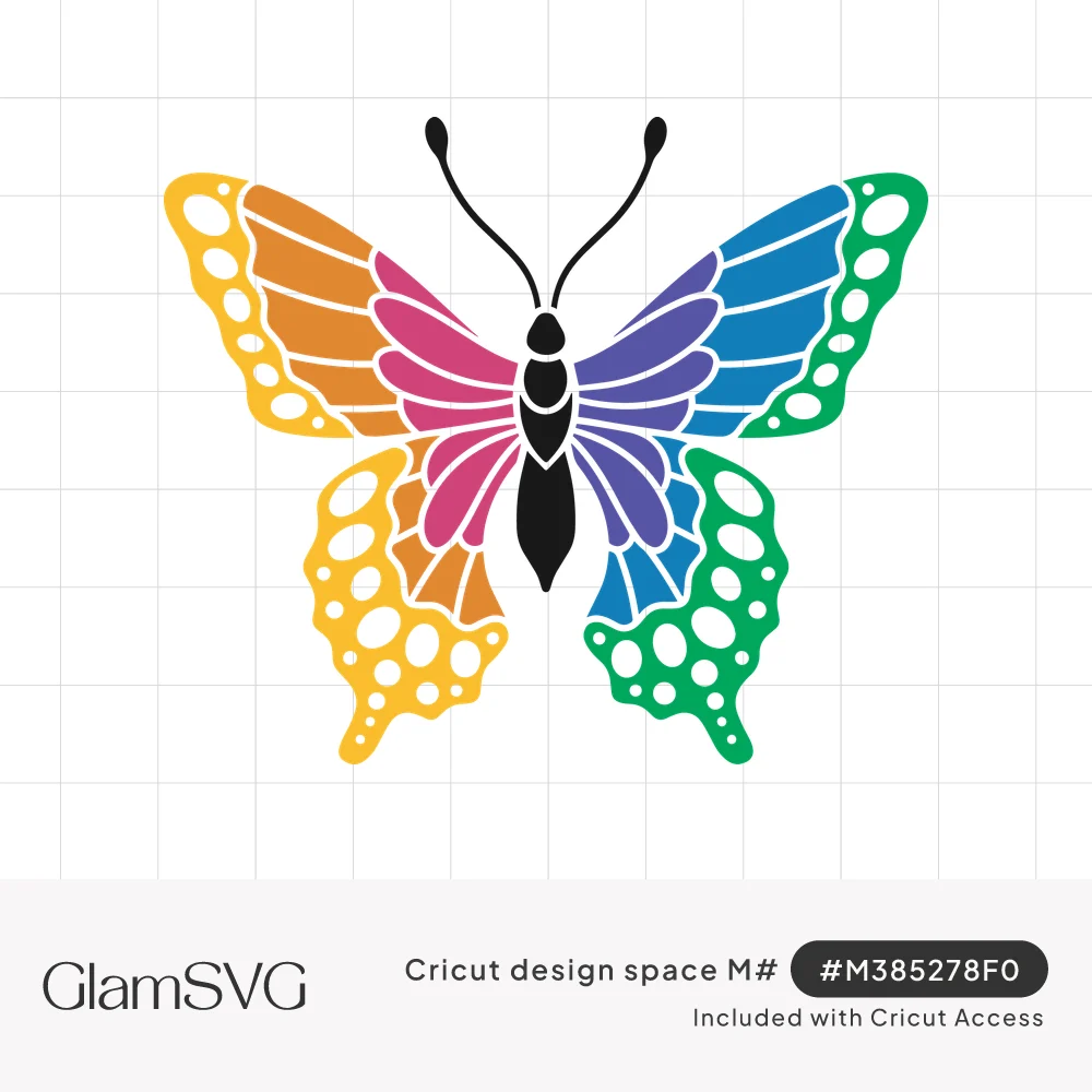 Layered swallowtail butterfly with rainbow wings in yellow, orange, pink, purple, blue and green with dotted cutouts