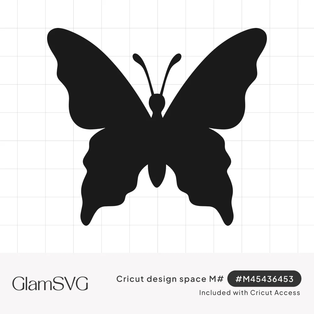 Solid black butterfly silhouette with open wings, scalloped lower edges and two curled antennae