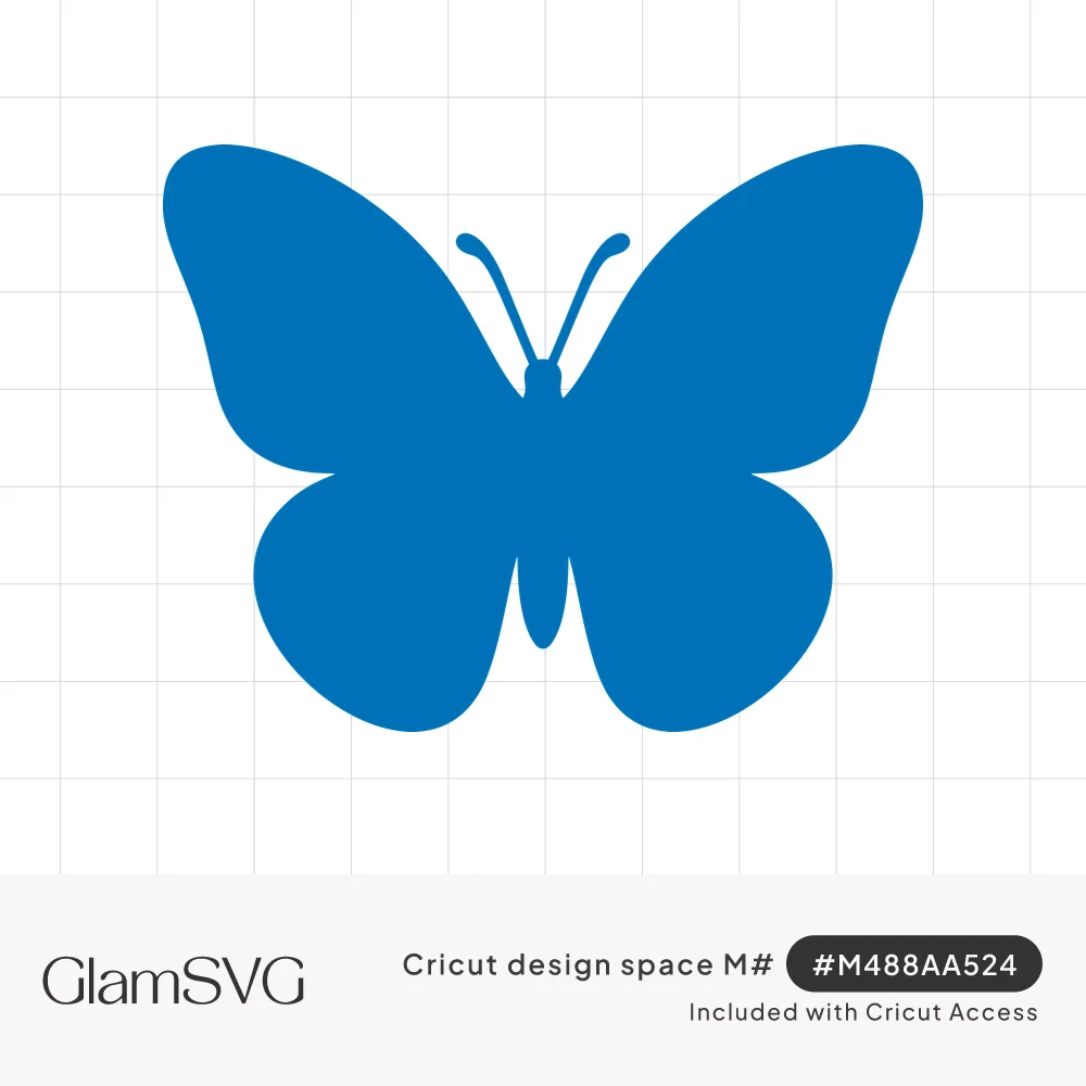 Solid blue butterfly silhouette with rounded wings, slim body and two curled antennae on a white background