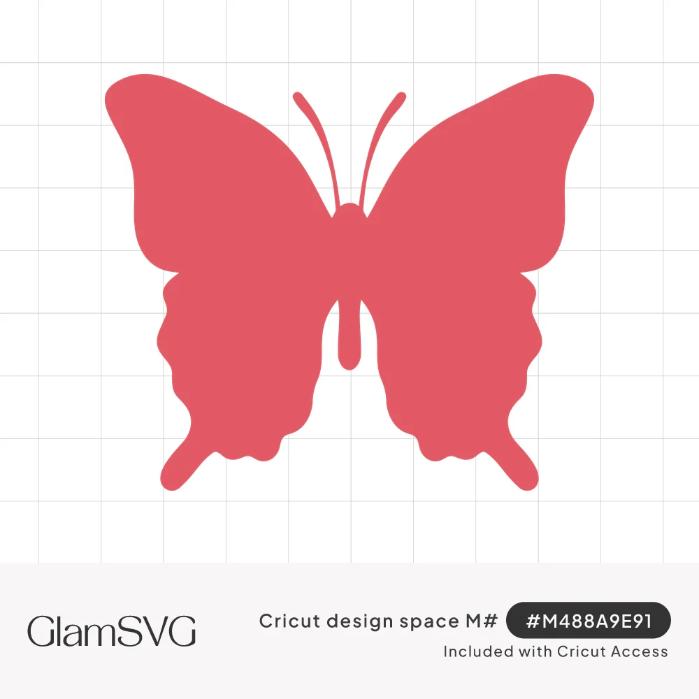 Solid coral pink butterfly silhouette with open wings, curled antennae and scalloped swallowtail lower wings