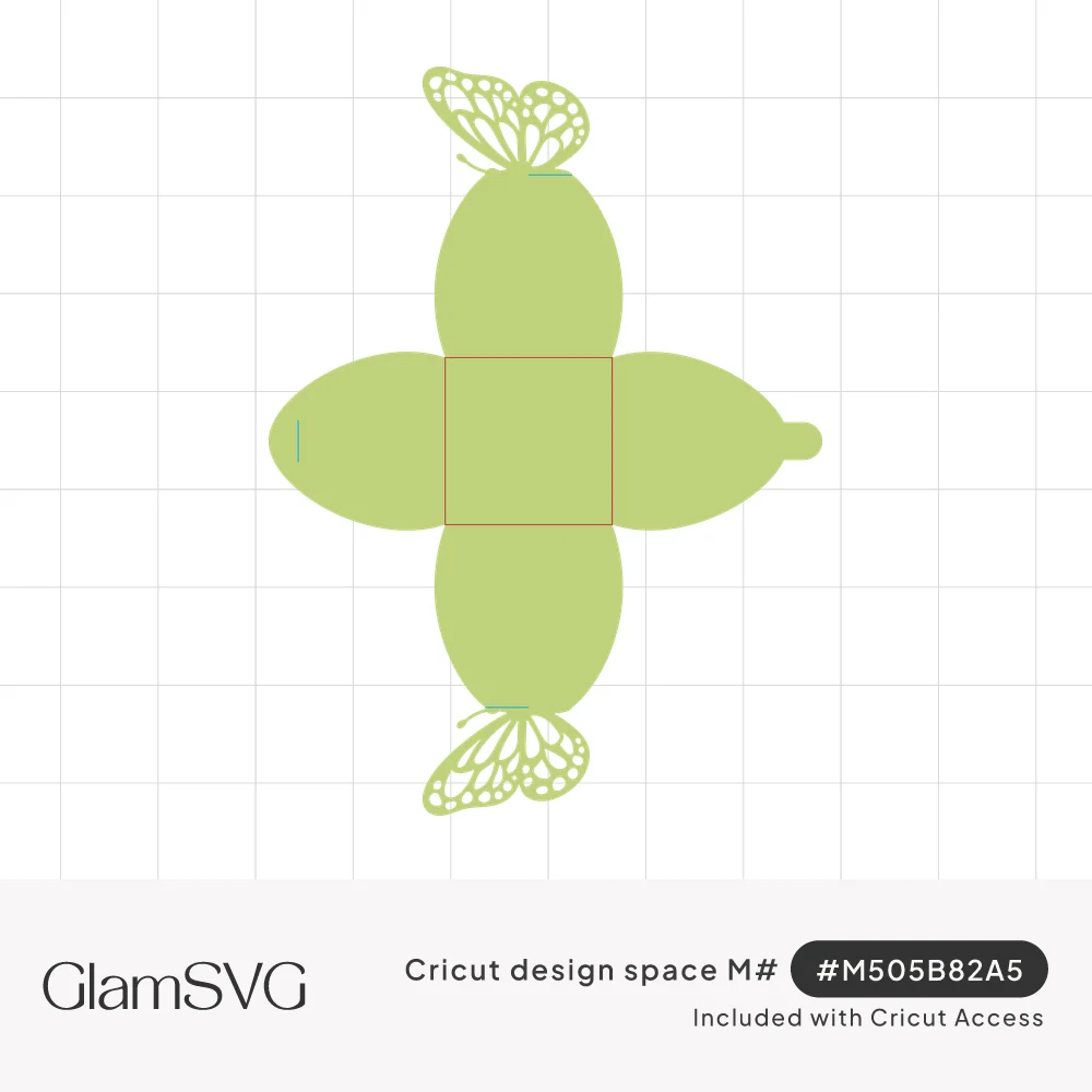Green flat template for a petal-fold treat box with dashed score lines and two lacy filigree butterflies on the flaps