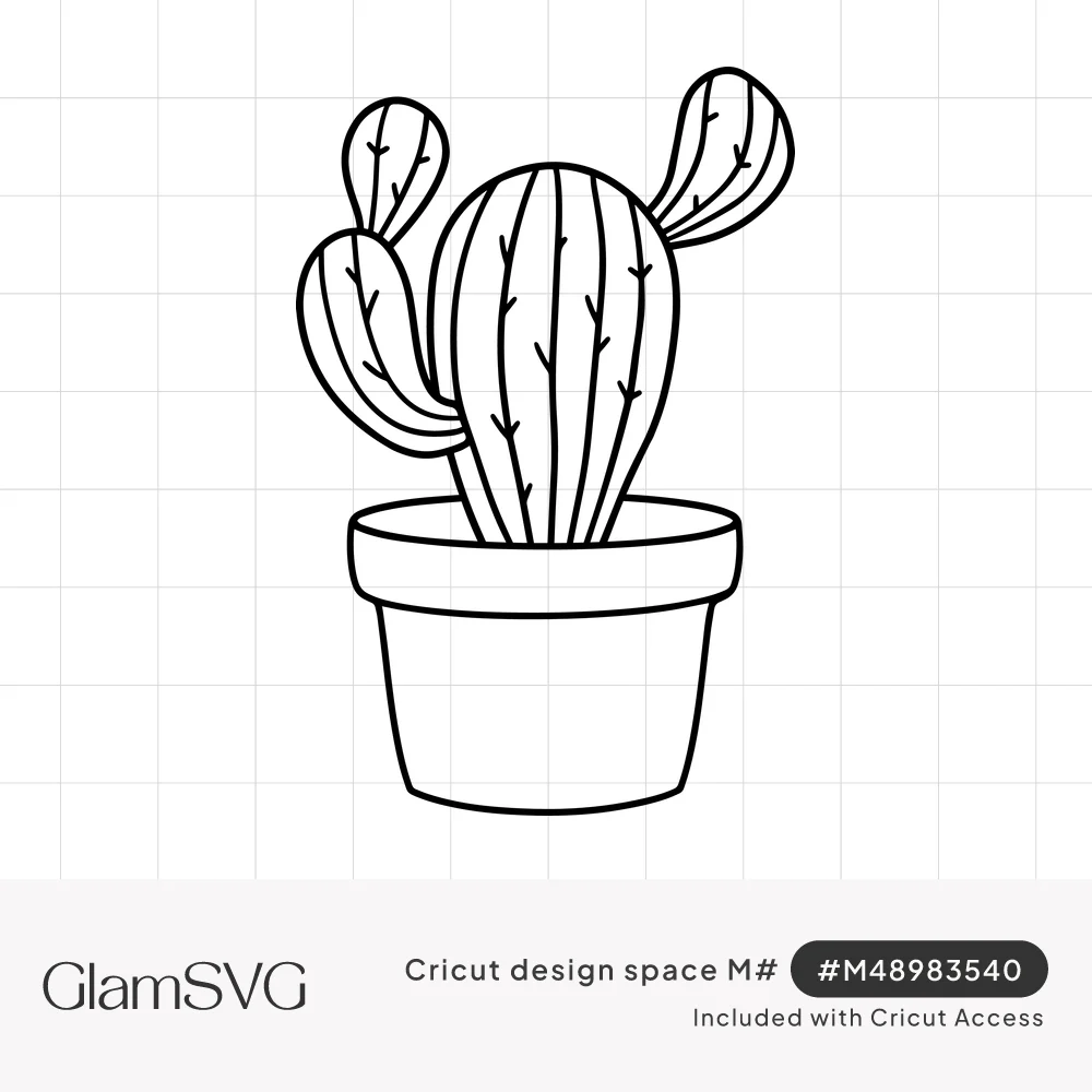 Black outline drawing of a ribbed cactus with rounded paddle arms and small spines growing in a plain flowerpot