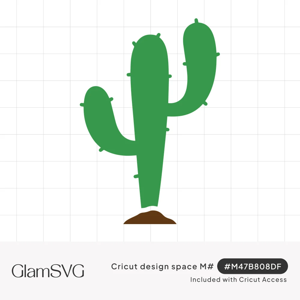 Green saguaro cactus with two upturned arms and small spines standing on a small mound of brown soil