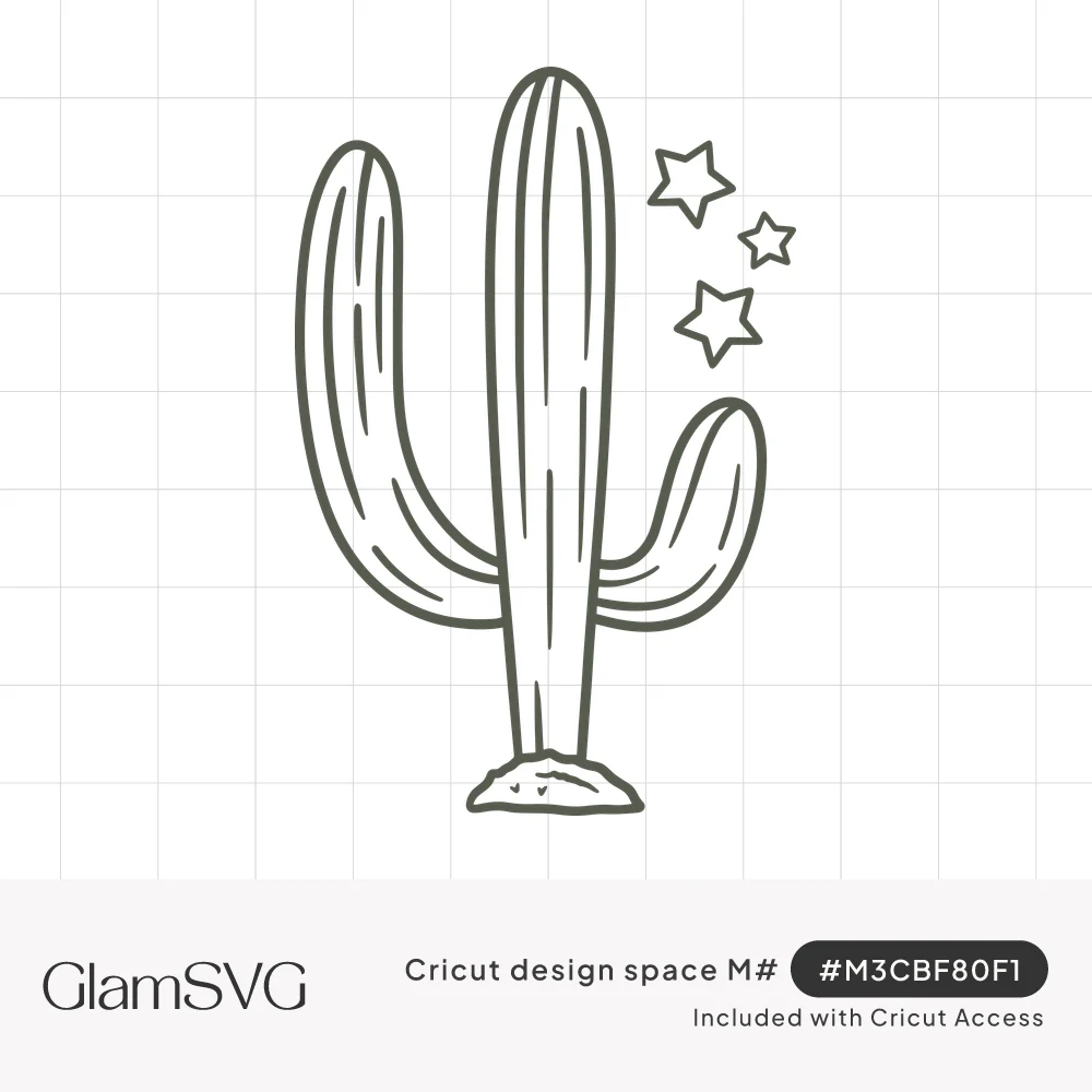 Outline drawing of a saguaro cactus with two curved arms on a sand mound, with three small stars beside it