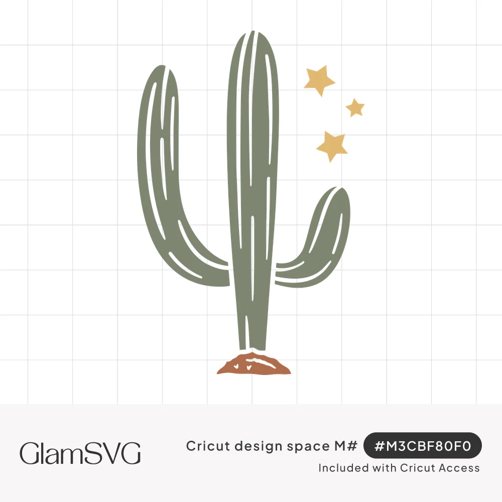 Sage green saguaro cactus with white rib lines, three gold stars beside it and a rust-colored dirt mound at its base