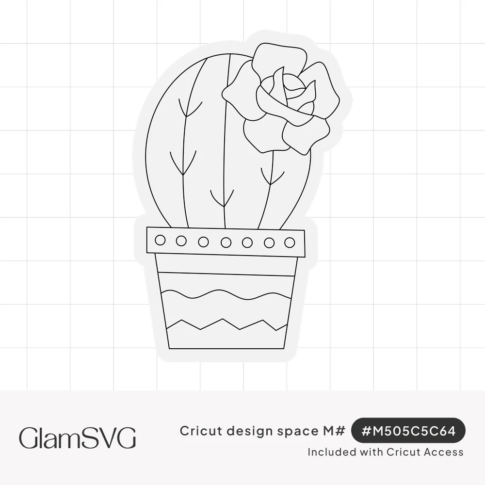 Outline drawing of a round barrel cactus with a flower bloom, sitting in a pot with dots and zigzag stripes