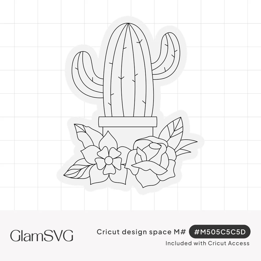 Line art of a potted saguaro cactus surrounded by a rose, a five-petal flower and leaves, with a sticker outline