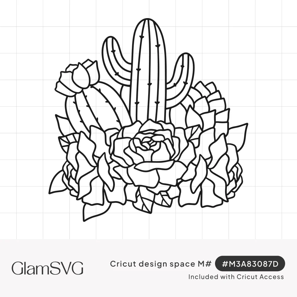 Black outline drawing of a saguaro and a blooming barrel cactus rising from a cluster of roses and succulents
