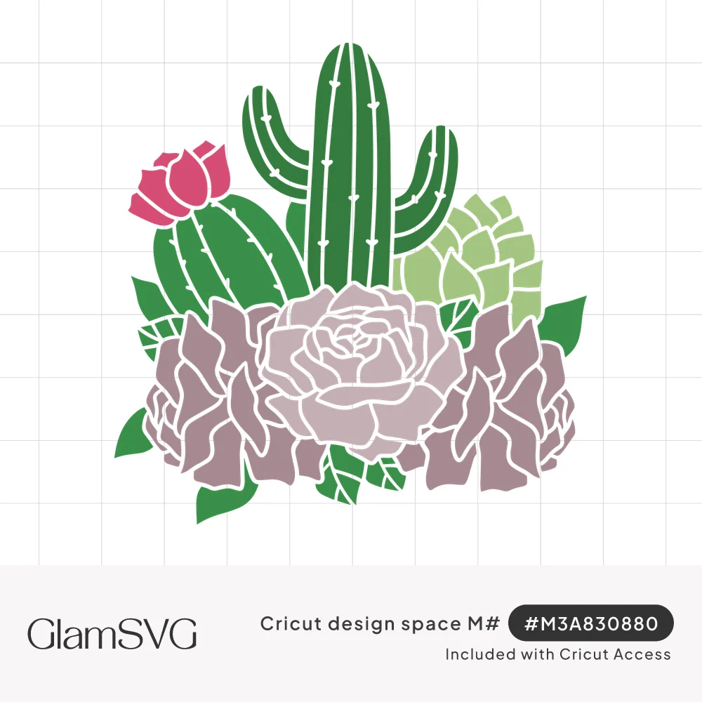 Layered illustration of a saguaro cactus, flowering barrel cactus, green succulent and dusty pink roses with leaves