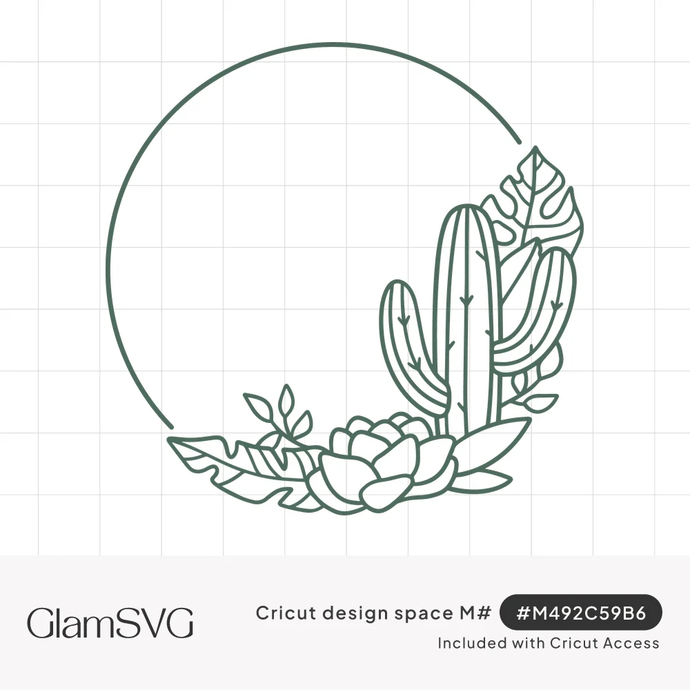 Line art circle frame with a saguaro cactus, succulent rosette and tropical leaves clustered at the lower right