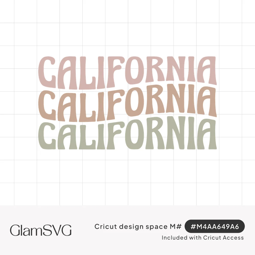 The word California repeated three times in wavy retro lettering in dusty pink, tan and sage green