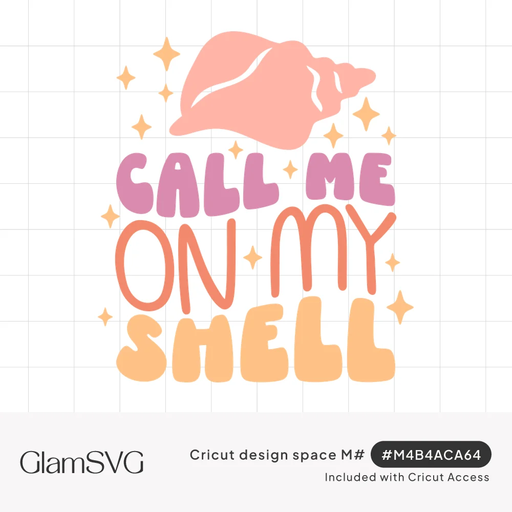 Pink conch seashell above retro bubble lettering reading Call Me On My Shell in pink, coral and peach with sparkles